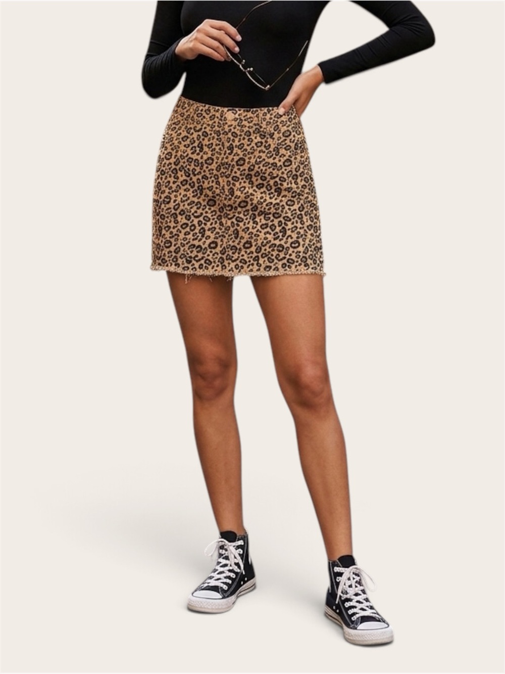 Leopard Print Mini Denim Skirt Tan/Black
